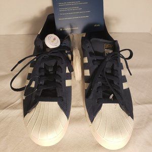 ADIDAS SUPERSTAR VULC SHELL TOE SHOES - MENS 10.5 BLUE/WHITE/GOLD PRINT/GUM SOLE
